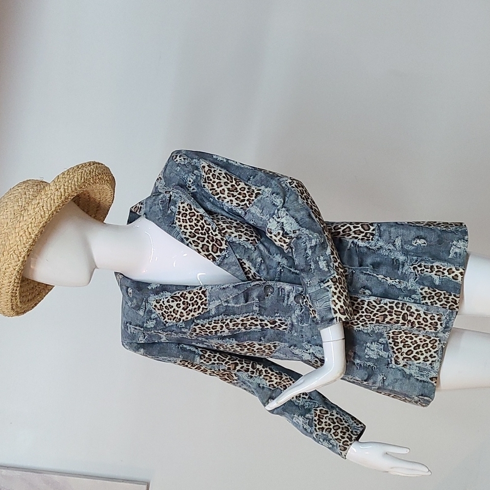 Escada 100% Goat Suede Leather Denim Animal Print Blazer Jacket